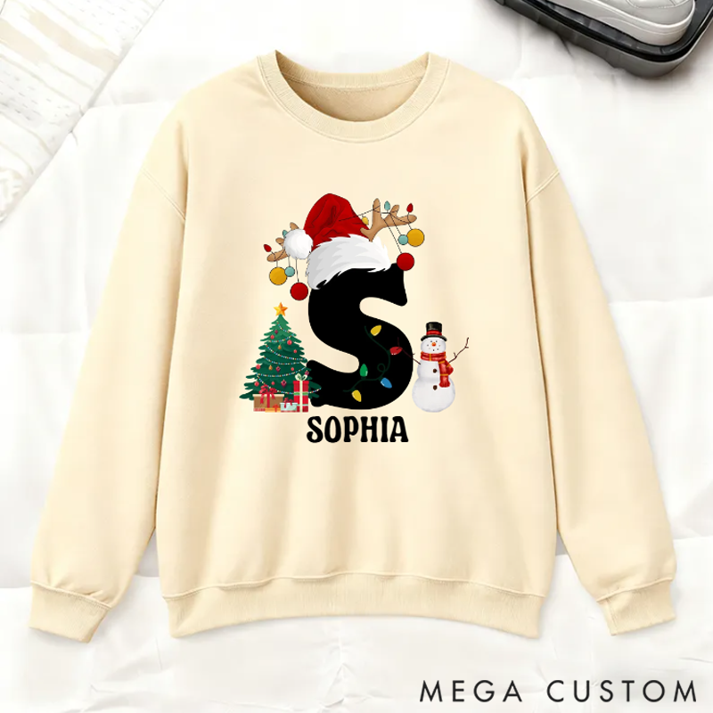 Personalized Christmas Trees Snowmen Multicolor Sweatshirt Hoodie with Initial and Name Christmas Gift for Family 