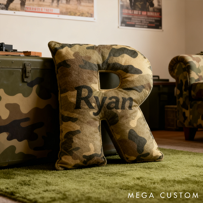 Personalized Camo Throw Pillow Initial Shaped Pillow Custom Throw Pillow with Name Military Style Pillow Gift for Men Boys Military Adventure-Themed Gifts