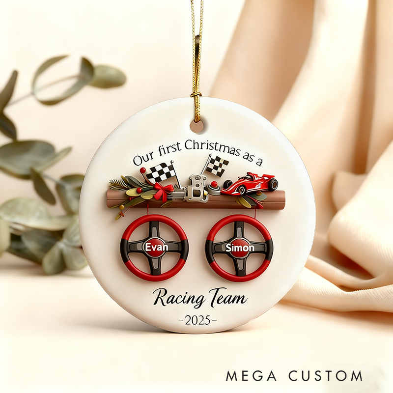 Personalized Racing Christmas Ornament Custom Name Ceramic Round Christmas Decoration Gift for Racers and Racing Lovers