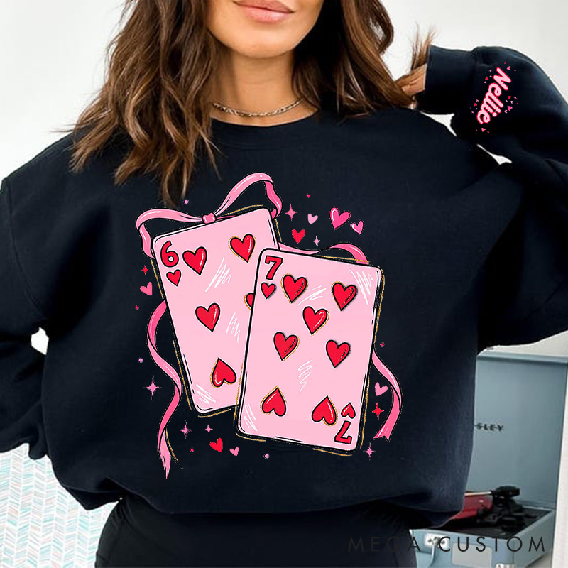 Personalized Girlfriend Wife Playing Cards Bow Tie 67 Sweatshirt with Name Couple Funny Coquette 6 7 Number Meme Matching Valentines Day Sweatshirt