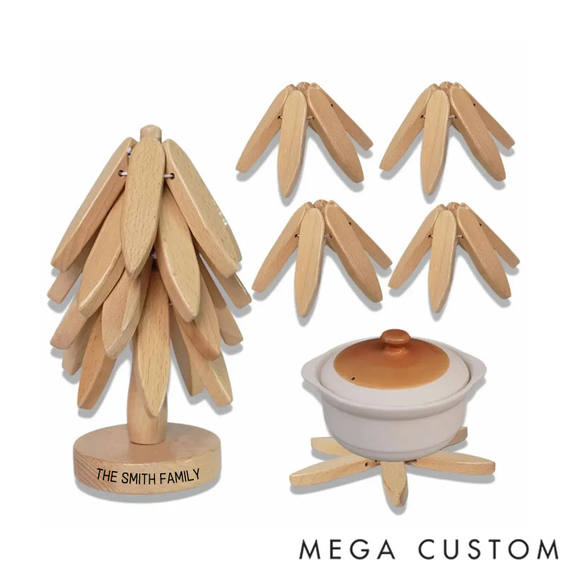 Personalized Wooden Trivet Collapsible Hot Dish Coaster Tree Design Gift for Family