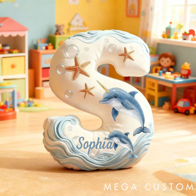 Personalized Graphic 3D Print Pillows Ocean Whale Letter Pillow, Custom Initial Pillow with name