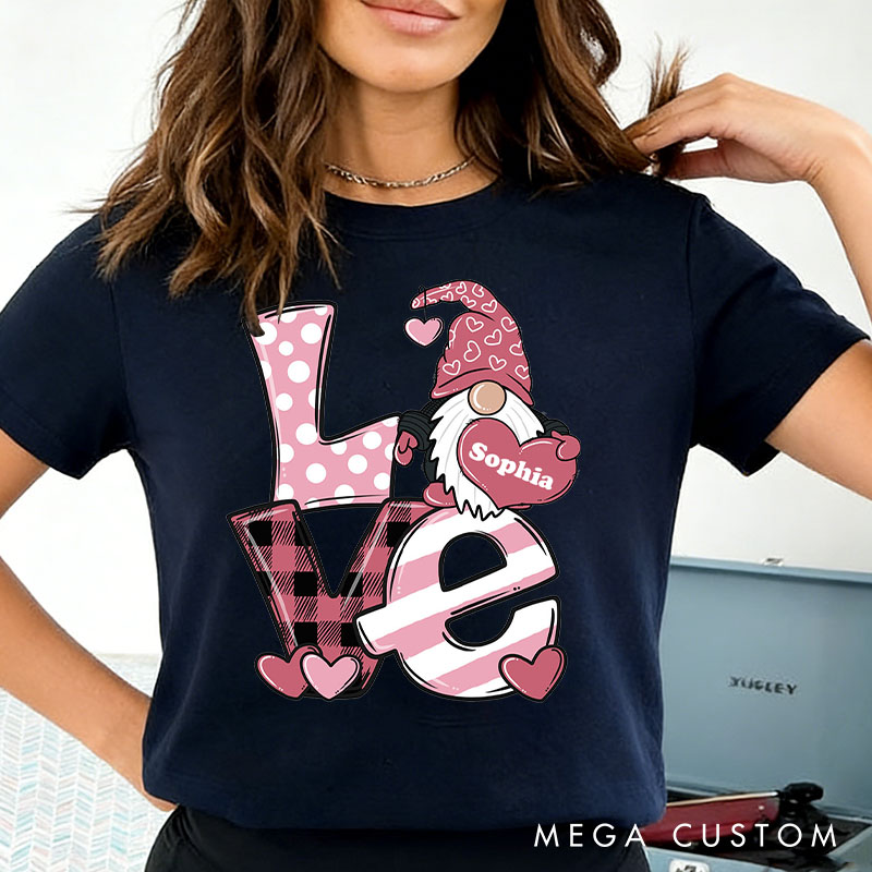 Personalized Couple Pink Love Gnome Holding Heart Matching T-Shirt Valentine's Day T-Shirt for Husband Wife Boyfriend Girlfriend Gift for Hubby Wifey