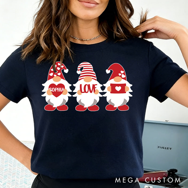 Personalized Couple Adorable Gnome with Heart and Name Matching T-Shirt Valentine's Day T-Shirt for Husband Wife Boyfriend Girlfriend Gift