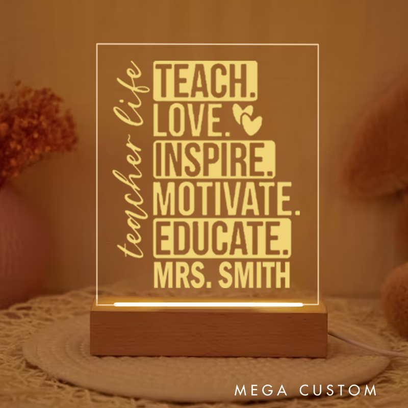 Personalized Teacher Night Light with Teach Love Educate Design Custom LED Gift with Laser Engraved Acrylic Design and Wooden Base