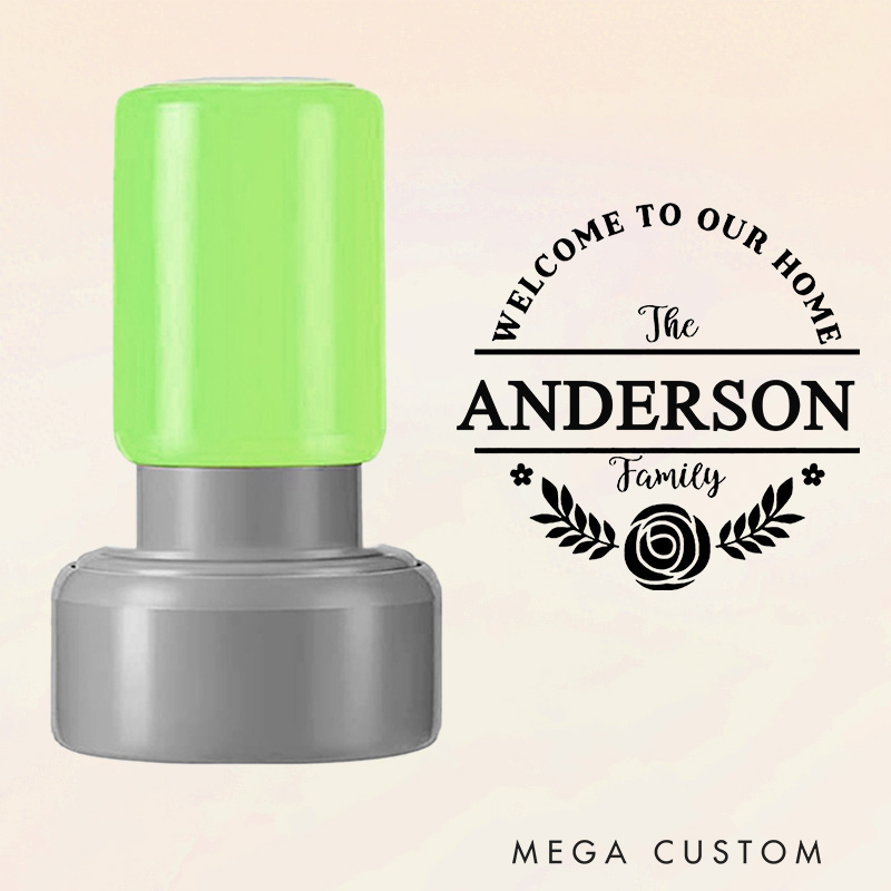 Personalized Round Housewarming Stamp Welcome to Our Home Design Custom Family Name Floral Motif Decorative Stamp for New Homeowners and Keepsakes