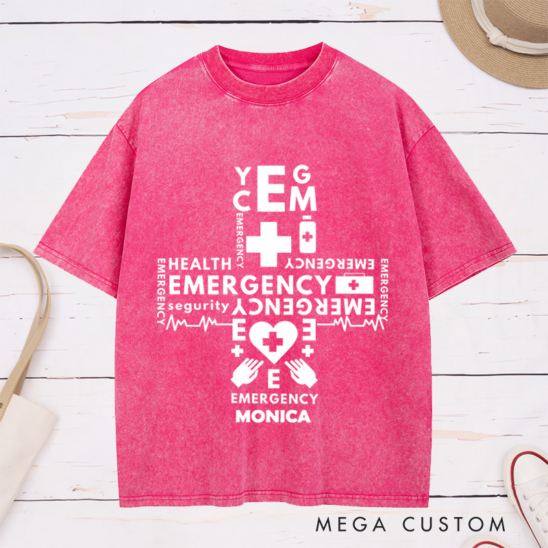 Personalized Nurse Washed T-Shirt Customized Emergency Cross Design Washed T-Shirt 