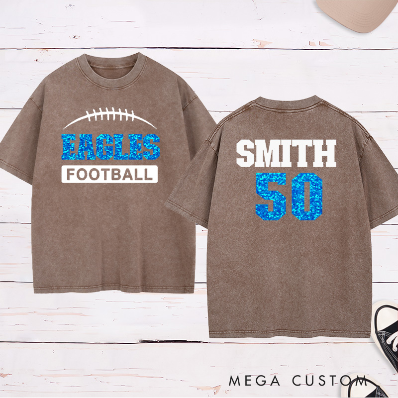 Personalized American Football Washed T-Shirt with Custom Team Name on the Front and Number on the Back