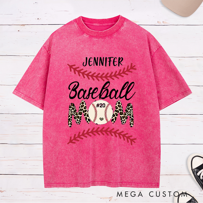 Personalized Baseball Mom Washed T-Shirt with Stylish Leopard Print and Number