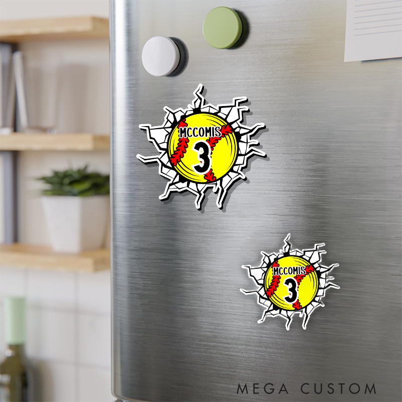 Personalized Softball Refrigerator Magnet with Custom Name Player Number and Cracked Wall Design