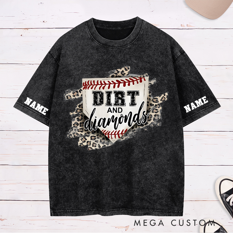 Personalized "Dirt and Diamonds" Baseball Washed T-Shirt with Custom Name and Number