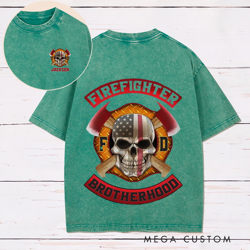 Personalized Firefighter Washed T-Shirt Firefighter Brotherhood Skull and Axes Design Unique Gift for Firefighters