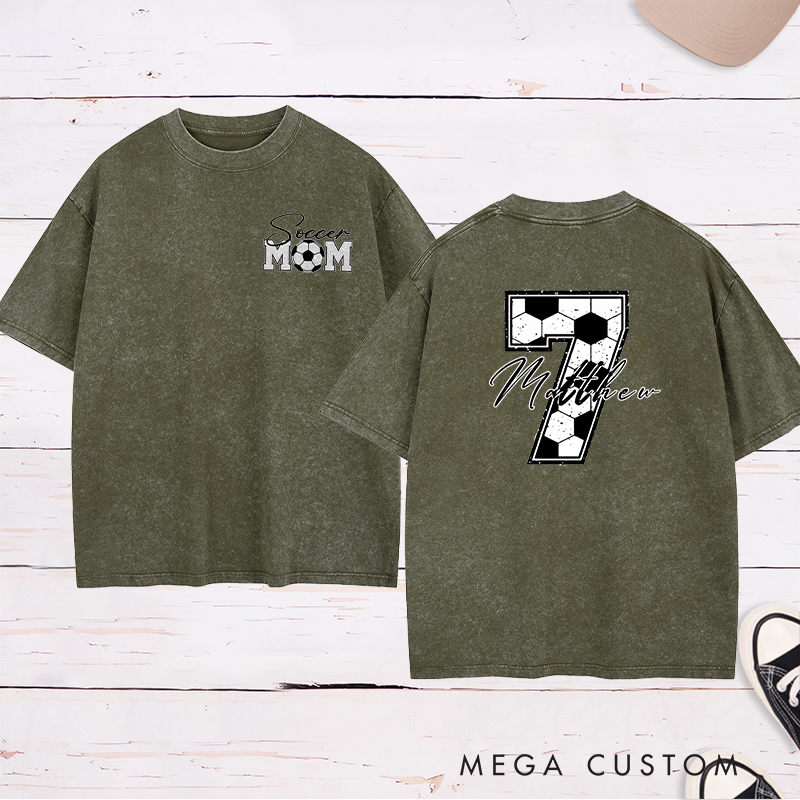 Personalized Soccer Mom Washed T-Shirt with Custom Name and Number Design