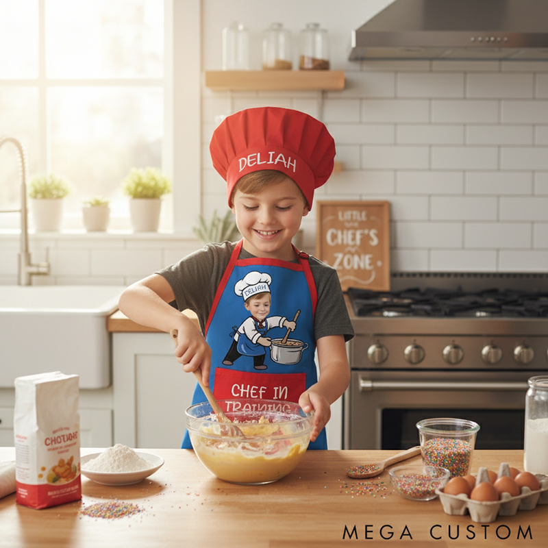 Personalized Fun Cooking Positions Adjustable Kid Apron Chef Hat Set with Pocket and Name for Cooking Baking Birthday Holiday Gift for Kids