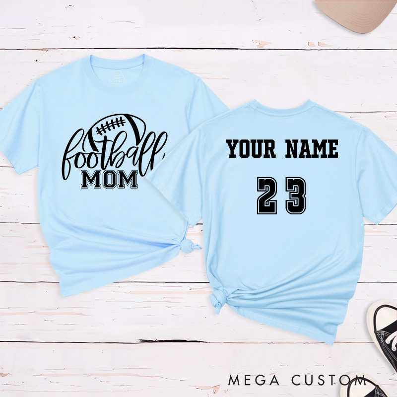 Personalized American Football Mom T-Shirts Featuring Custom Name and Number