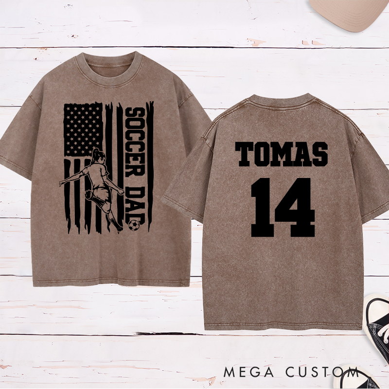 Personalized Soccer Dad Washed T-Shirt with Patriotic Flag Design and Custom Name