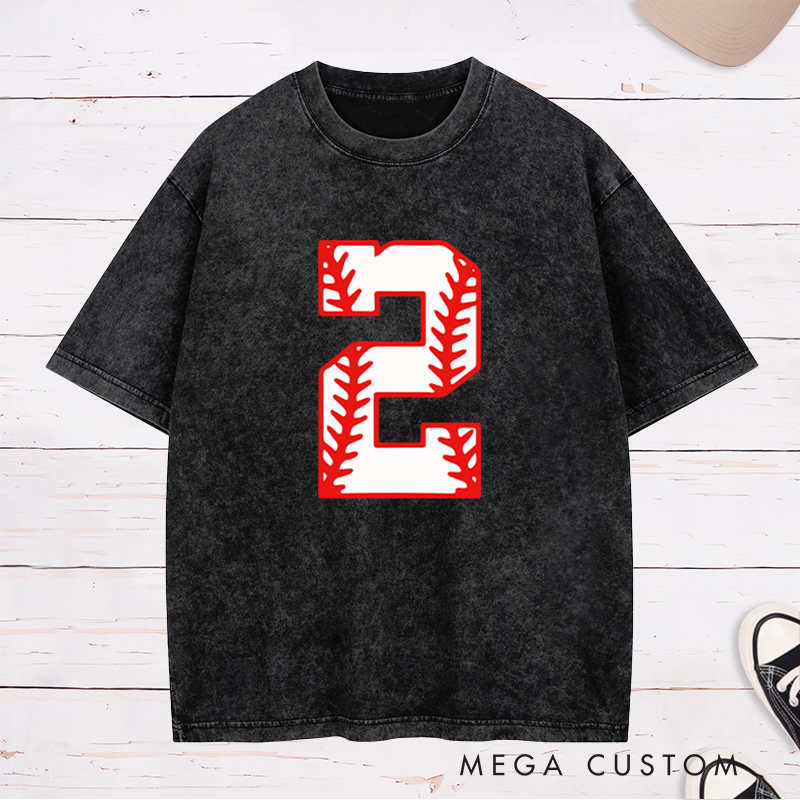 Personalized Athletic Washed T-Shirt with Bold Baseball Stitch Number Graphic