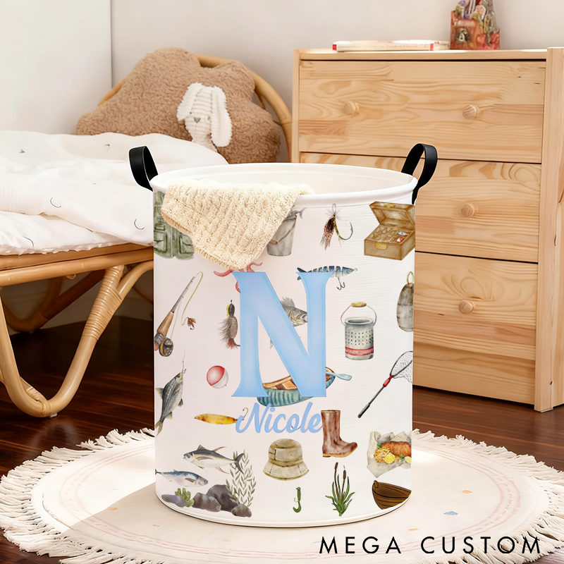 Personalized Fishing Storage Basket Custom Name and Initial Laundry Storage Basket Ideal for Organizing Gear and Home Decor