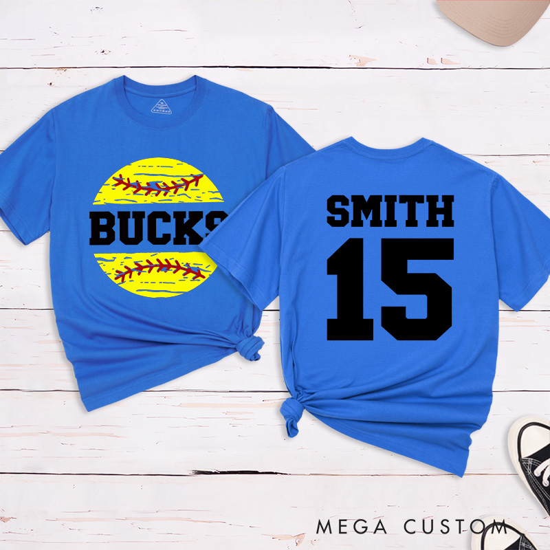 Personalized Softball Team T-Shirt Design Featuring Custom Team Name Player Name and Number with Bright Softball Graphic
