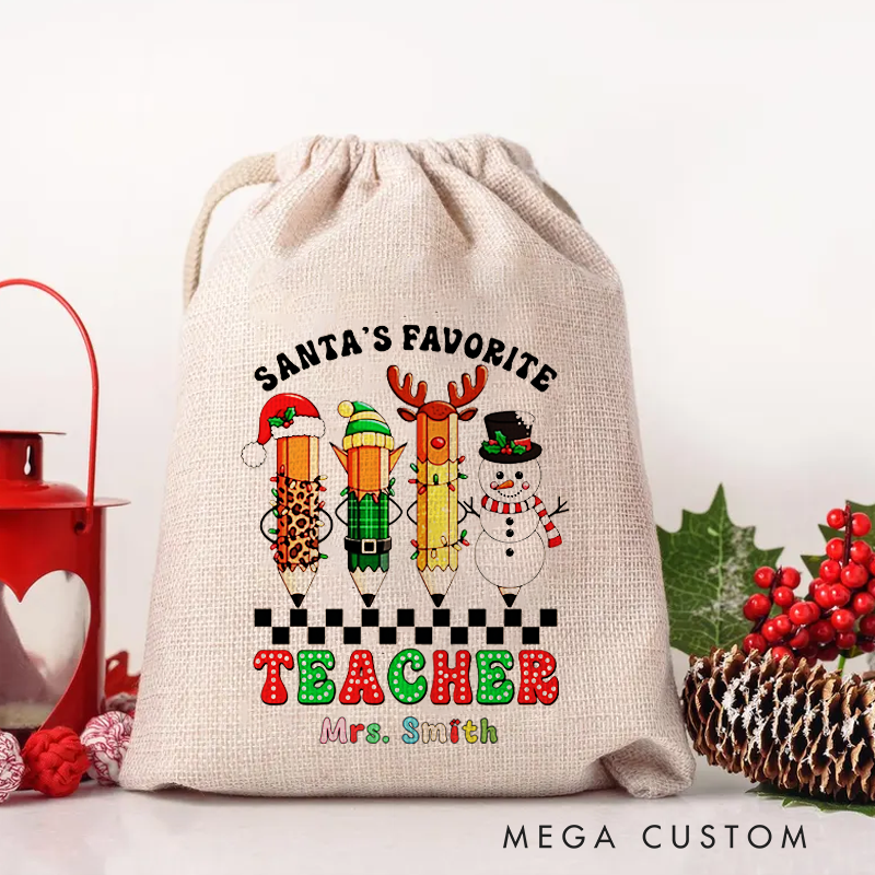 Personalised Christmas Santa Sack for Teachers Custom Santa's Favorite Teacher Snowman Design Sack Christmas Gift