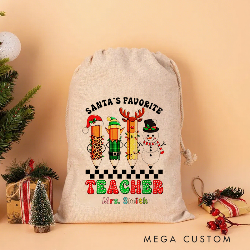 Personalised Christmas Santa Sack for Teachers Custom Santa's Favorite Teacher Snowman Design Sack Christmas Gift
