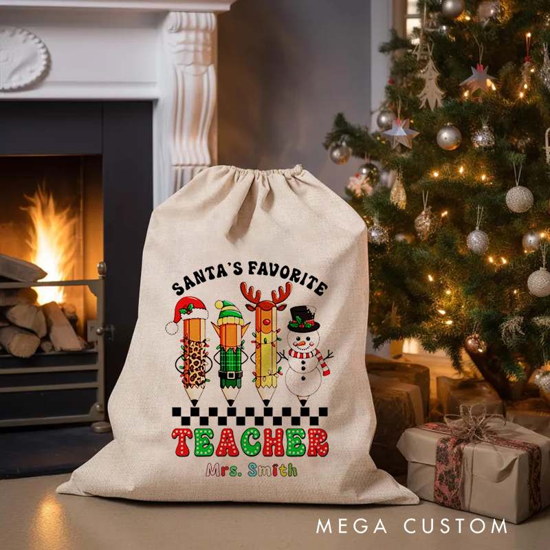 Personalised Christmas Santa Sack for Teachers Custom Santa's Favorite Teacher Snowman Design Sack Christmas Gift