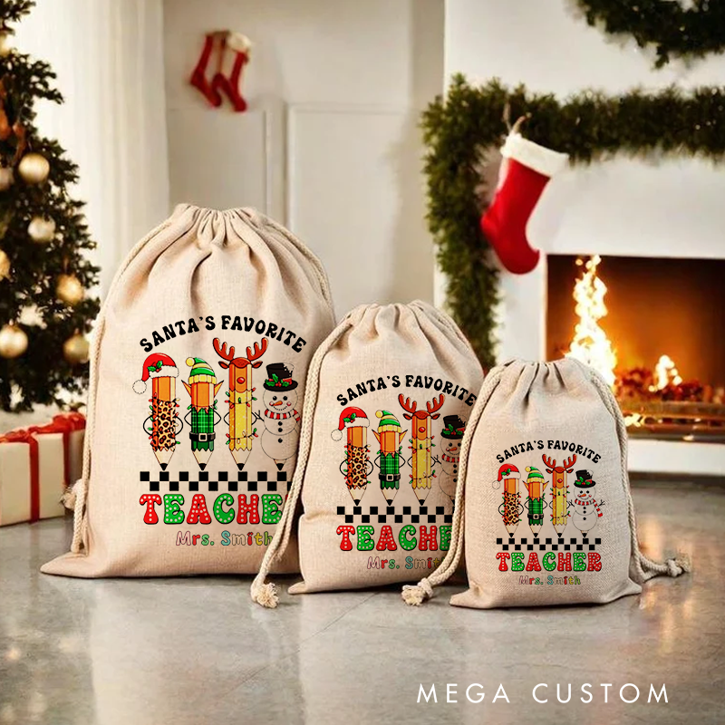 Personalised Christmas Santa Sack for Teachers Custom Santa's Favorite Teacher Snowman Design Sack Christmas Gift