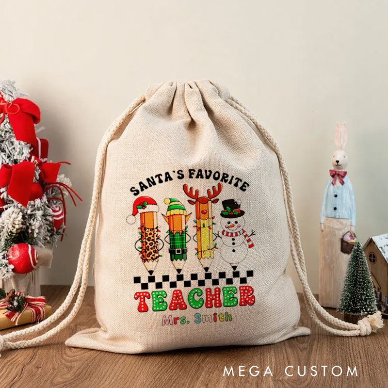 Personalised Christmas Santa Sack for Teachers Custom Santa's Favorite Teacher Snowman Design Sack Christmas Gift