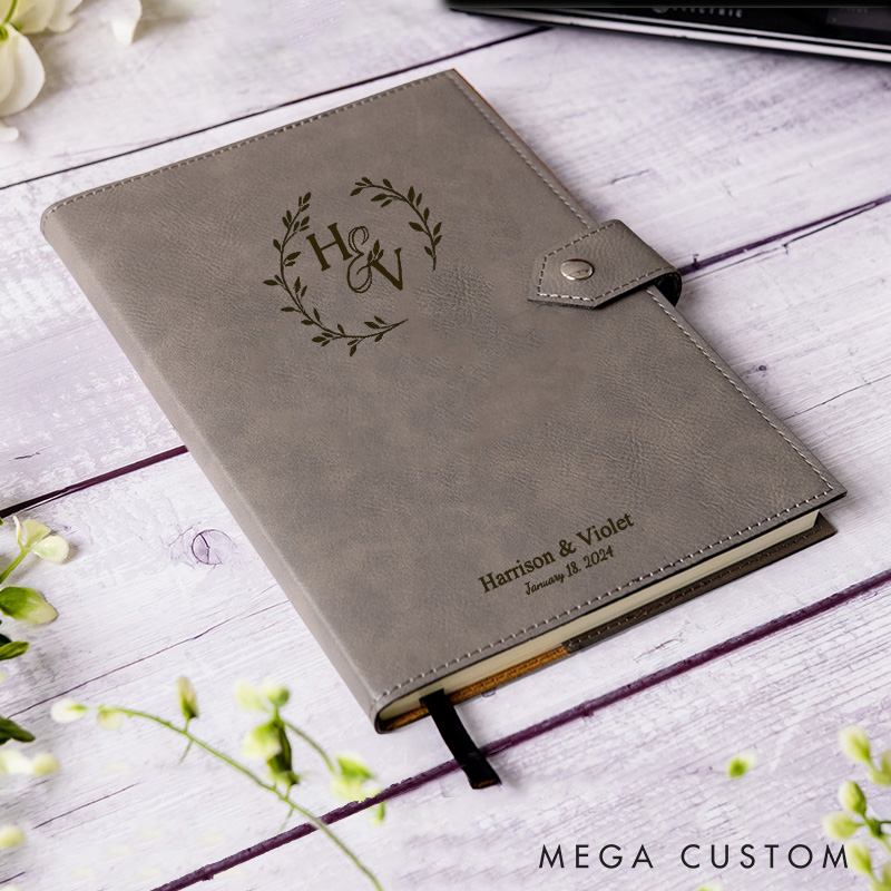 Personalized Laurel Branches with Initials and Date Wedding Couple Leather Journal with Snap Closure
