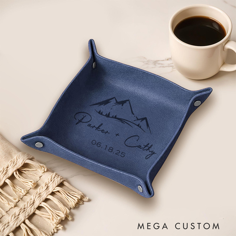 Personalized Mountain Peaks Couple Wedding Engagement Men Leather Tray