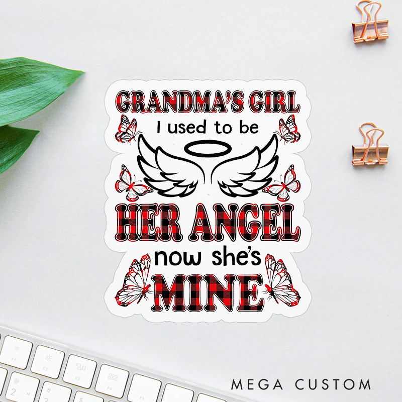 Personalized Grandma’s Girl Sticker Plaid Font Angel Wings Butterflies Sympathy Gift for Loss of Grandma Grieving