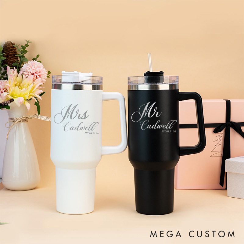 Personalized Couple 40oz Tumbler Mr. and Mrs. Anniversary Tumbler Husband and Wife Anniversary Travel Mug Wedding Keepsake Gift with Handle and Straw