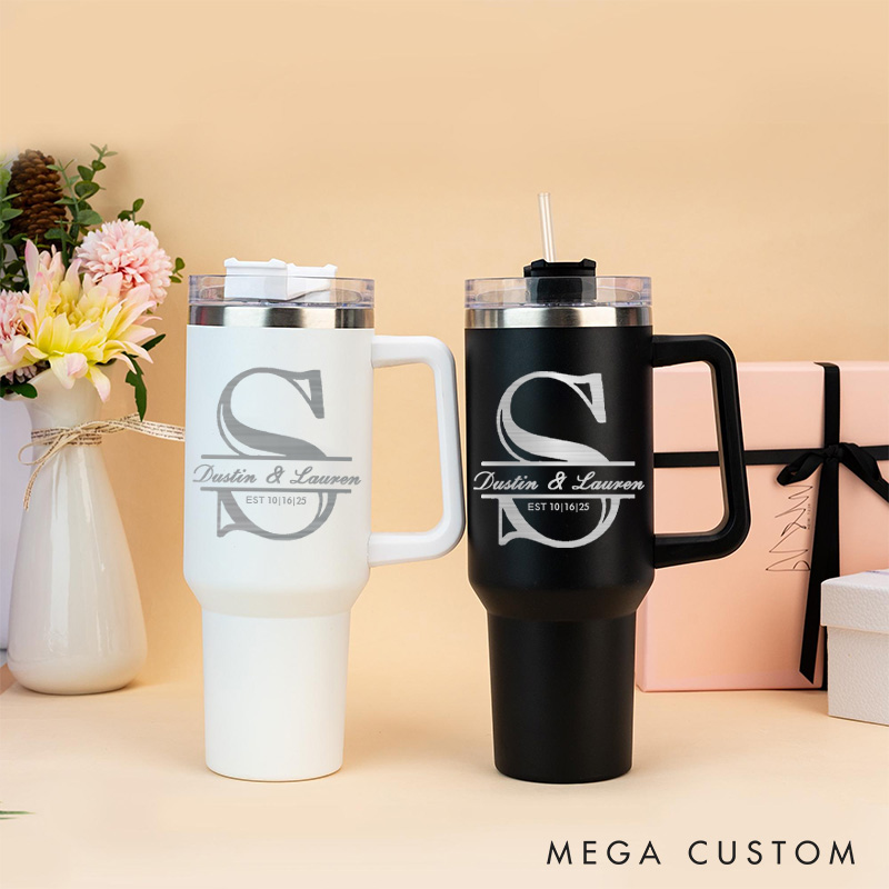Personalized Couple Anniversary Gift Tumbler Mr. and Mrs. 40oz Tumbler Couple Travel Mug with Handle and Straw for Husband and Wife