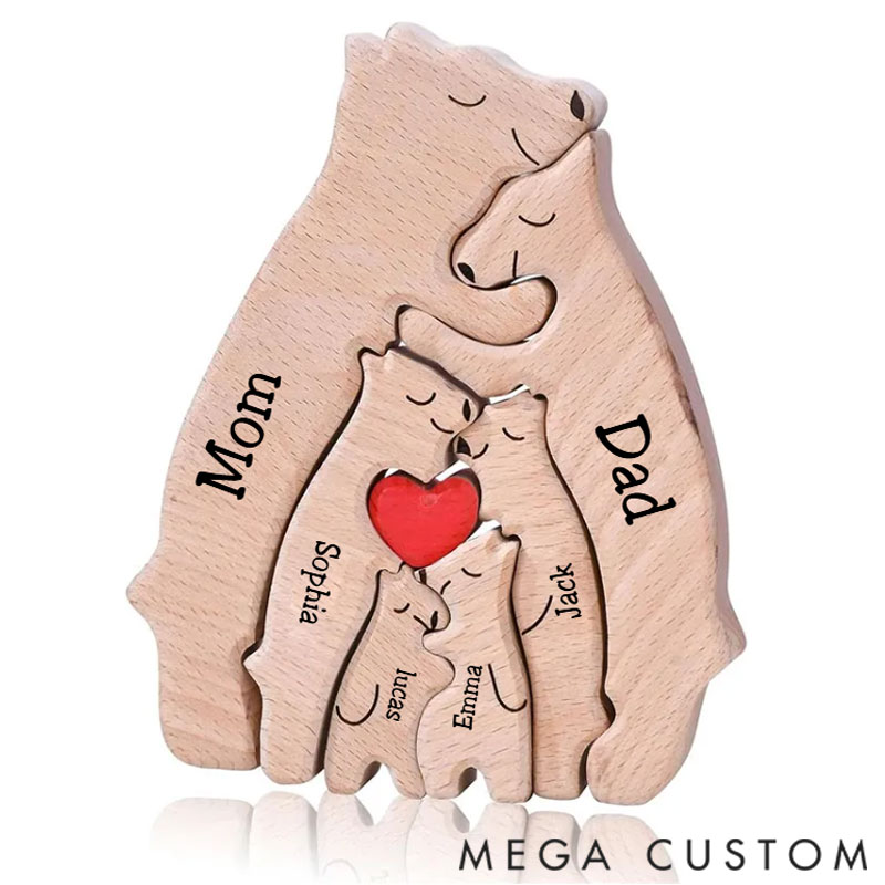 Personalized Carved Wooden Bear Family Jigsaw Puzzle, Wood Bear Figurines, Hugging Bear Family Keepsake Gift for Parents, Christmas Bear Decor