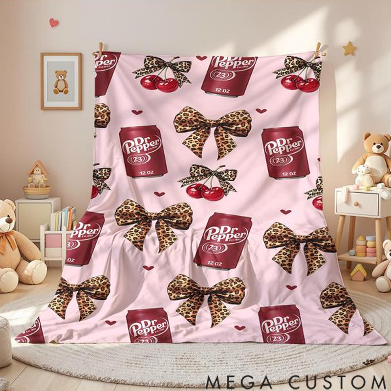 Personalized Dr Pepper Flannel Leopard print bow Throw Blanket - Versatile For Sofa, Bed, Office, Camping- Cozy Nap Blanket