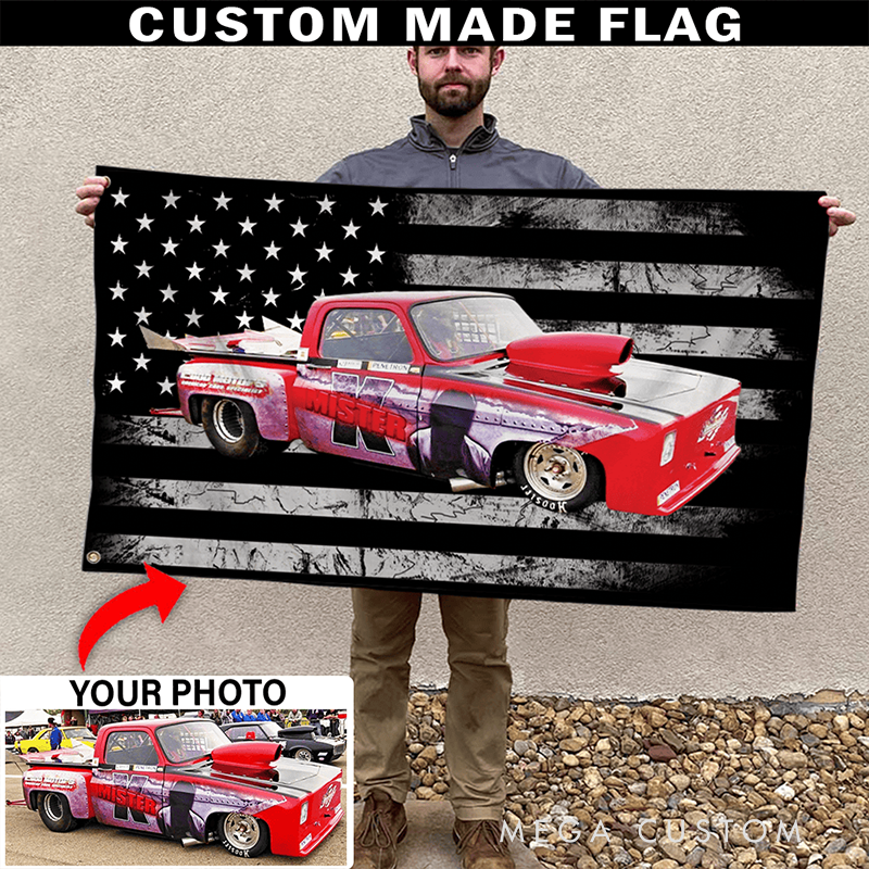 Personalized Car Tapestry with Flag Design Custom Racing Car Photo Wall Hanging Gift for Racers and Racing Lovers