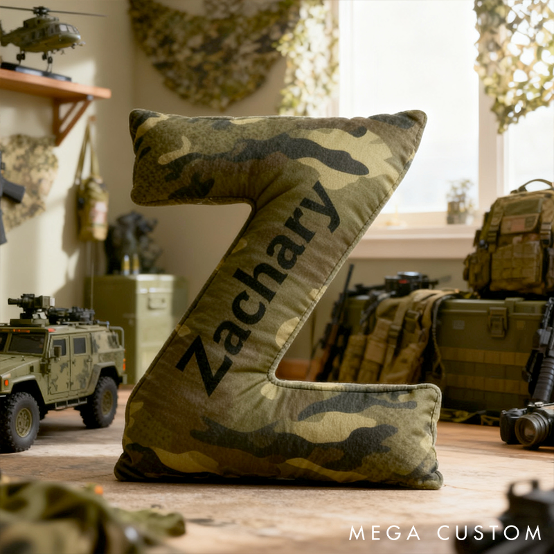 Personalized Camo Throw Pillow Initial Shaped Pillow Custom Throw Pillow with Name Military Style Pillow Gift for Men Boys Military Adventure-Themed Gifts