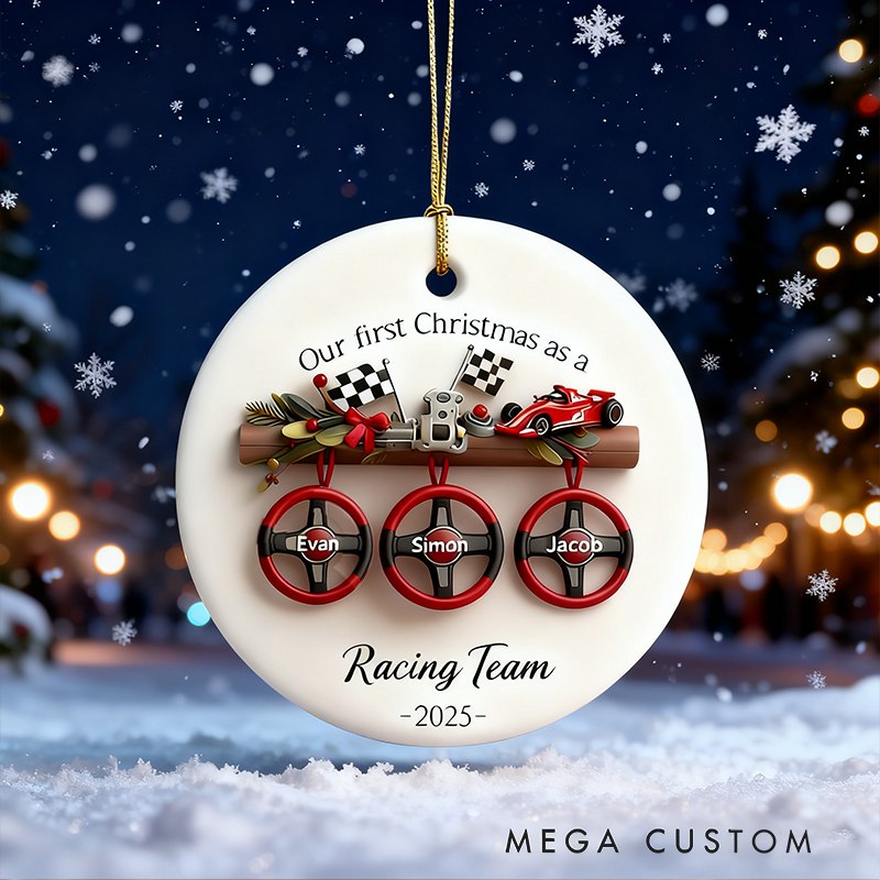 Personalized Racing Christmas Ornament Custom Name Ceramic Round Christmas Decoration Gift for Racers and Racing Lovers