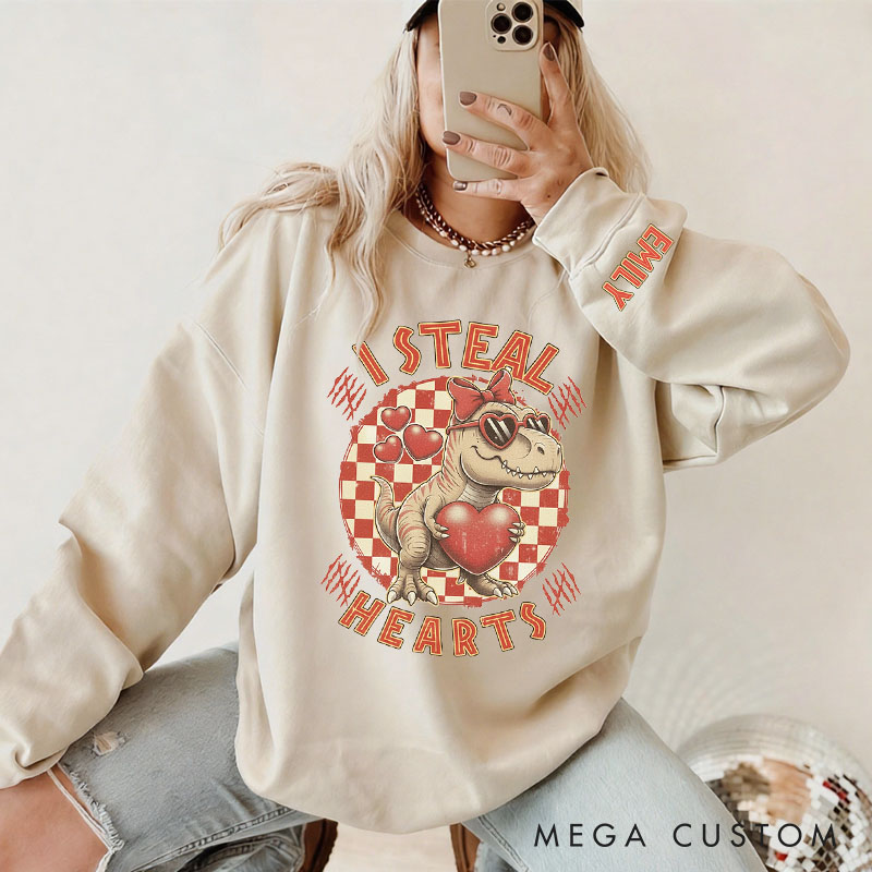 Personalized Girlfriend Wife Dinosaur I Steal Hearts Sweatshirt with Name Couple Matching Valentine's Day Sweatshirt for Her Him Anniversary Gift