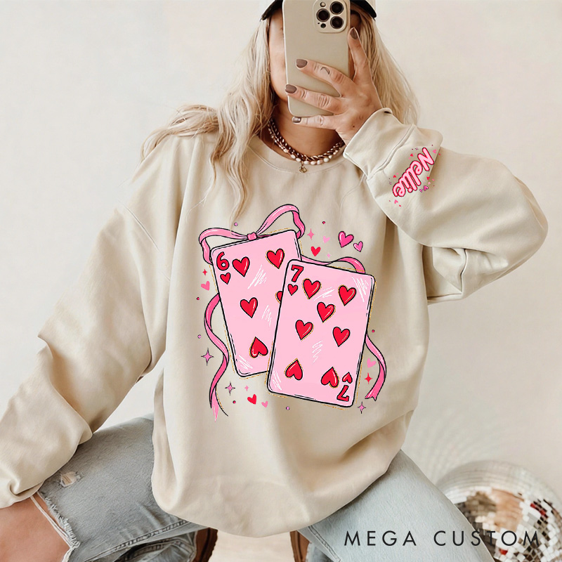 Personalized Girlfriend Wife Playing Cards Bow Tie 67 Sweatshirt with Name Couple Funny Coquette 6 7 Number Meme Matching Valentines Day Sweatshirt