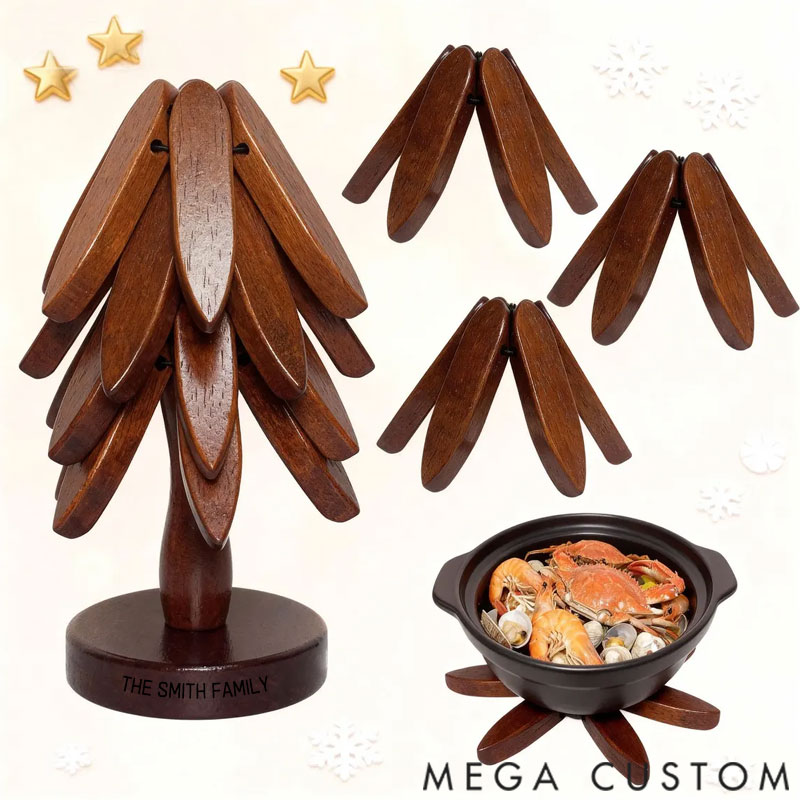 Personalized Wooden Trivet Collapsible Hot Dish Coaster Tree Design Gift for Family
