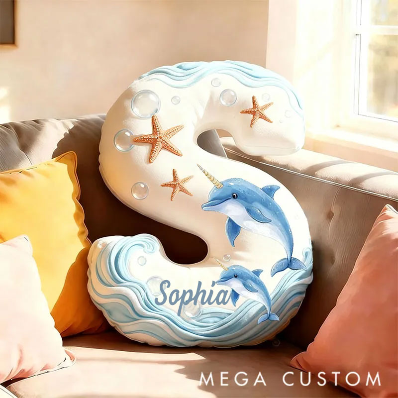 Personalized Graphic 3D Print Pillows Ocean Whale Letter Pillow, Custom Initial Pillow with name