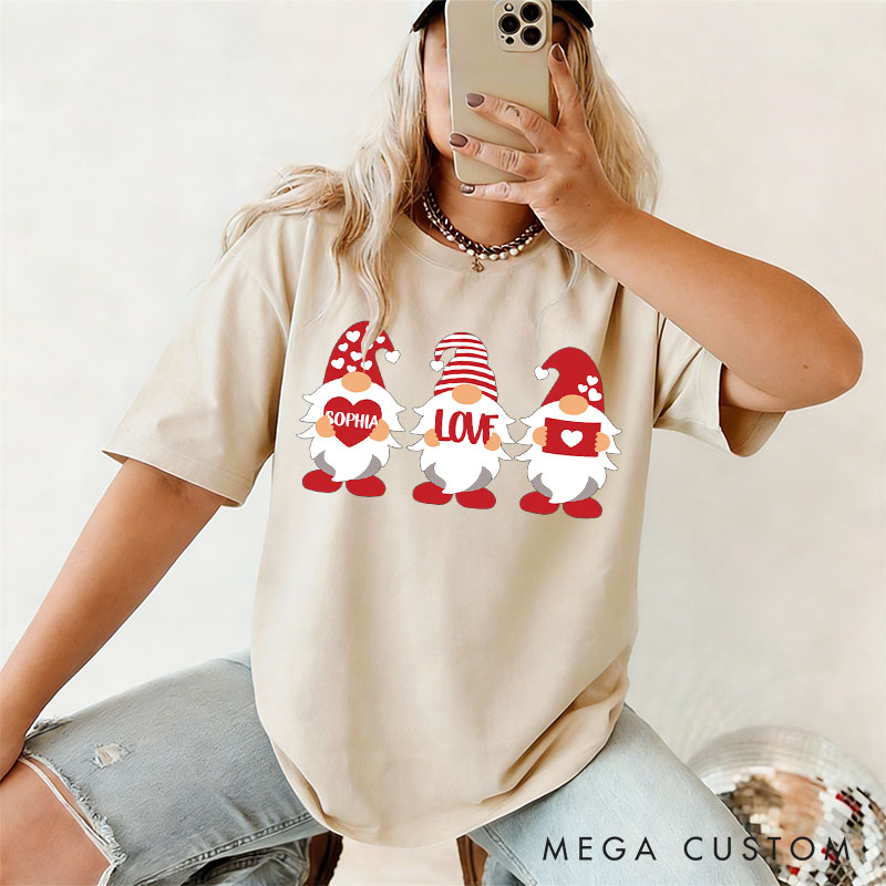 Personalized Couple Adorable Gnome with Heart and Name Matching T-Shirt Valentine's Day T-Shirt for Husband Wife Boyfriend Girlfriend Gift