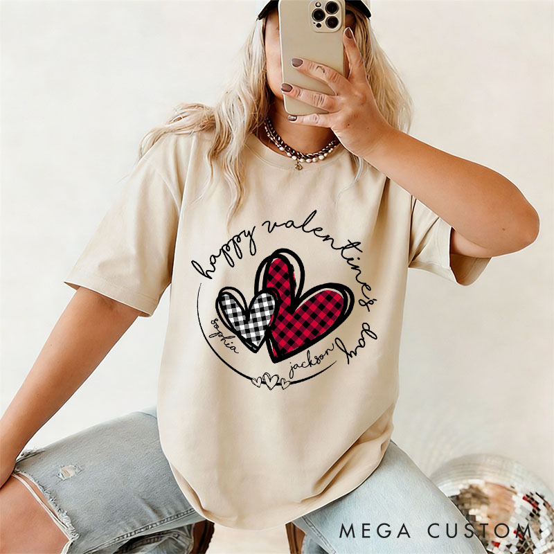 Personalized Couple Plaid Heart with Name Matching T-Shirt Happy Valentine's Day T-Shirt for Husband Wife Boyfriend Girlfriend Gift for Hubby Wifey