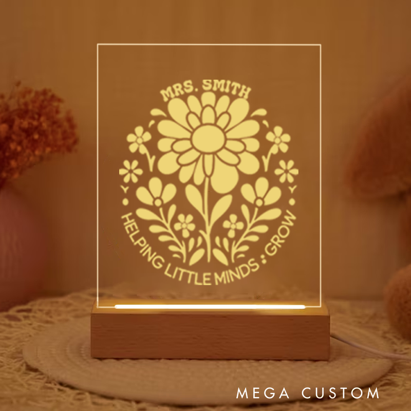 Personalized Teacher Night Light with Helping Little Minds Grow Design Custom LED Gift with Laser Engraved Acrylic Design and Wooden Base