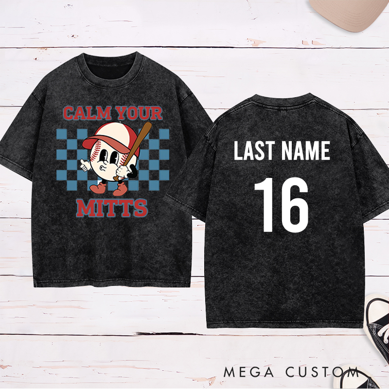 Personalized "Calm Your Mitts" Baseball Washed T-Shirt with Custom Name and Number  