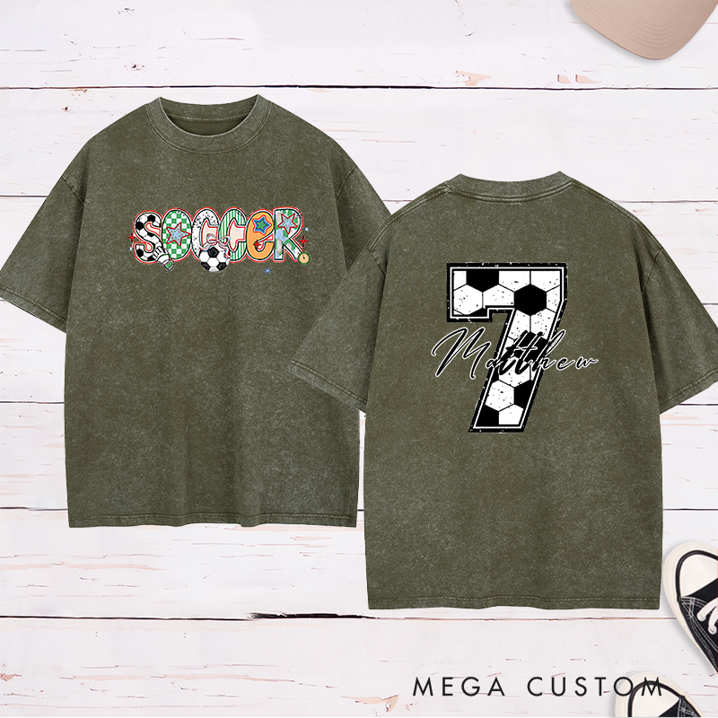 Personalized Soccer Washed T-Shirt with Colorful Patterned Lettering and Custom Name and Number
