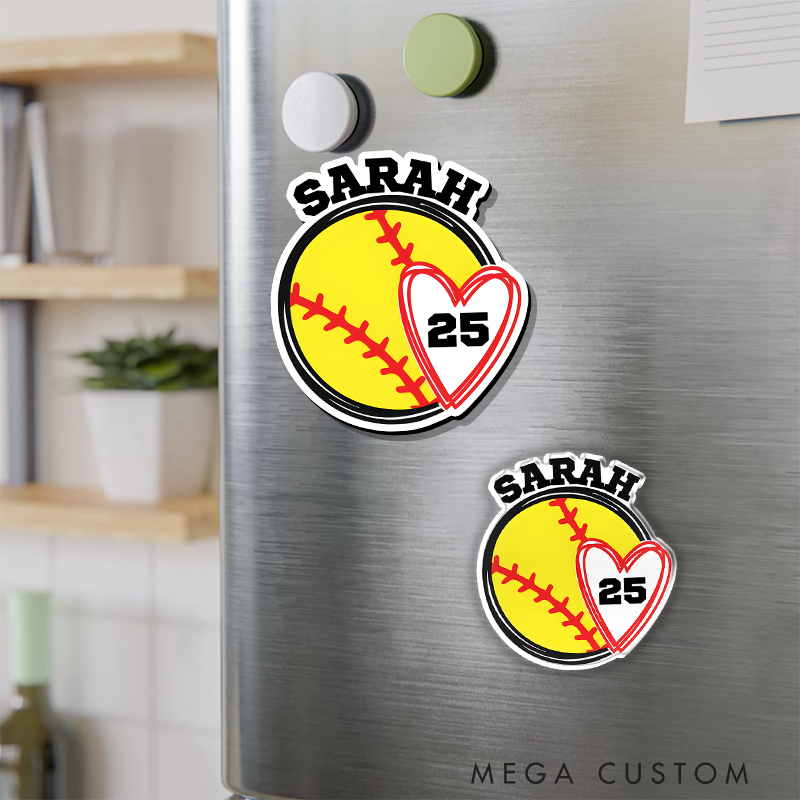 Personalized Softball Refrigerator Magnet with Custom Name Player Number Heart Accent and Bold Design