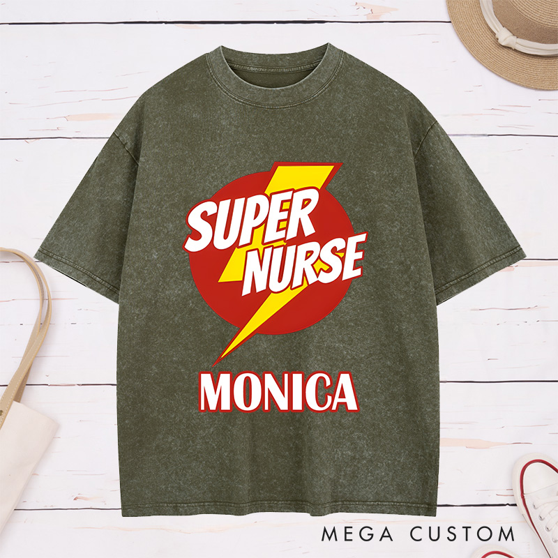 Personalized Nurse Washed T-Shirt Customized Super Nurse Design Washed T-Shirt 