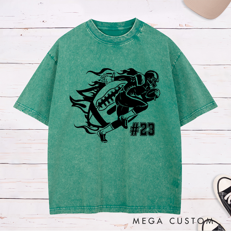 Personalized American Football Action Flames Washed T-Shirts Featuring Custom Number